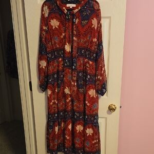 LOFT Red and Blue Floral Long Sleeve Dress